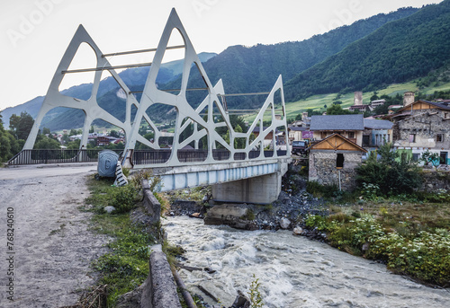 Bridge over Mestiachala River in Mestia town, Svanetia region, Georgia photo