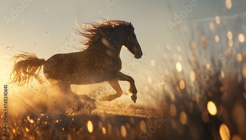 Majestic Wild Horse Galloping Across Vast Open Pasture at Colorful Sunset