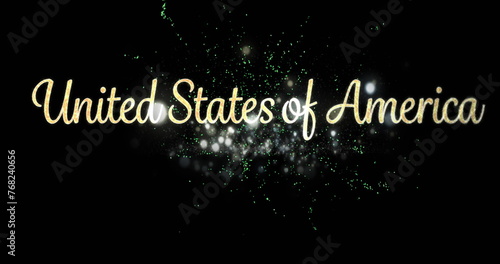 Digital image of a United States of America text in cursive appears in the screen with green firewor