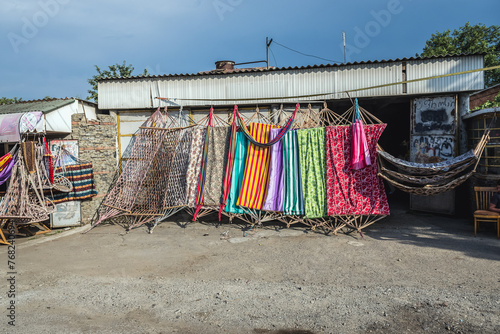 Obraz na płótnie Hammocks and deckchairs for sale in roaside shop, Georgia w salonie