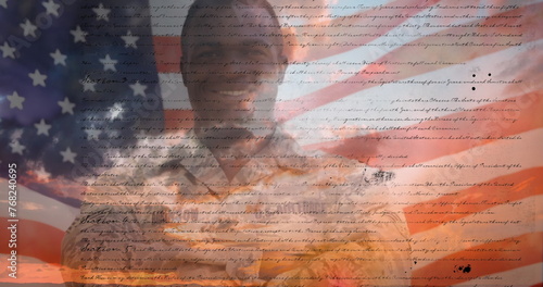 Digital image of a written constitution of the United States moving in the screen with a background 