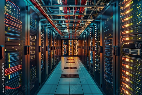 Modern futuristic data center storage supercomputer room with server cabinets with wires, showcasing advanced technology and data management infrastructure.