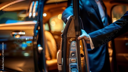 Close-up of a businessman's hand using luxury car controls. Detail shot with bokeh lights. Modern automotive and luxury lifestyle concept for design in advertising and editorials