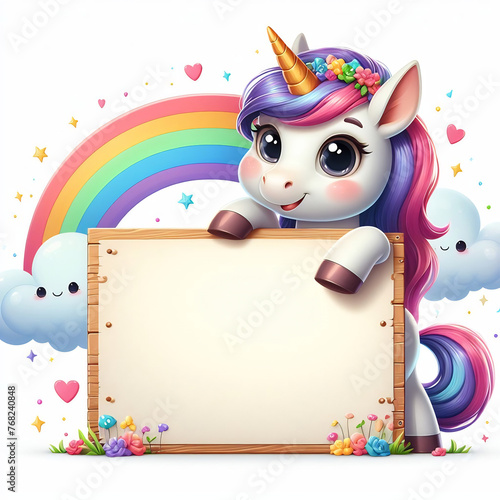 Small cute unicorn holding a blank sign for copy space, rainbow and clouds background, shaded realistic style