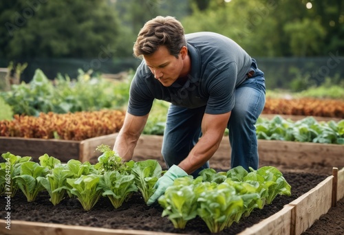 A man tends to plants in his garden bed, involved in the cultivation and care of the vegetation.
