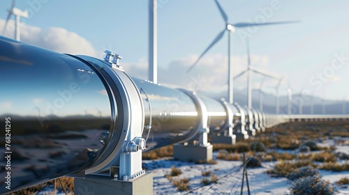 Hyperloop train and wind turbines in desert. 3D rendering of sustainable transportation concept