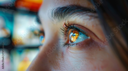 Macro shot of a female eye reflecting illuminated windows. Close-up portrait with an artistic concept for poster and creative visuals