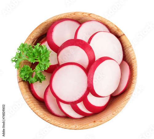 Radish slices in wooden bowl isolated on white background. Top view. Flat lay © kolesnikovserg