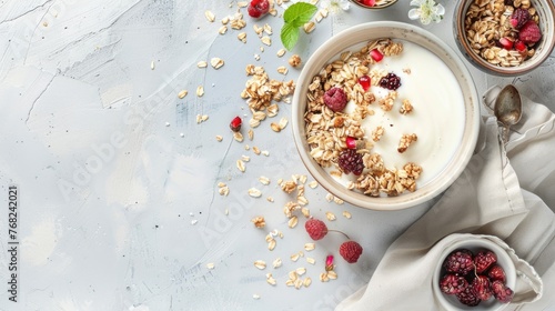 a bowl filled with Greek yogurt topped with granola, positioned centrally on a light background, with additional granola or wheat in the foreground to accentuate its traditional style.