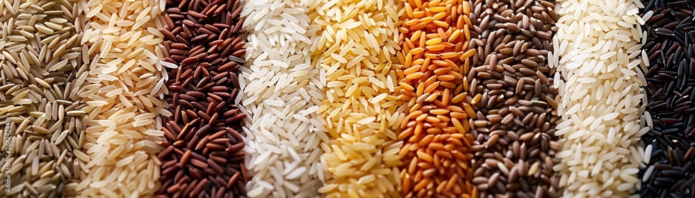 A Multiple varieties of rice grains arranged in stripes A Multiple varieties of rice grains arranged in stripes