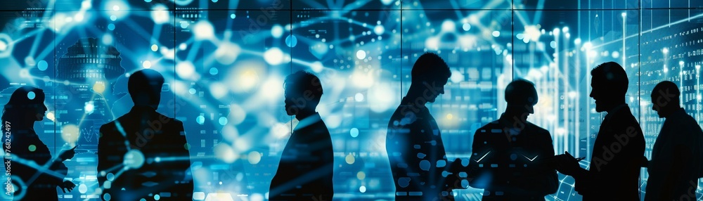 A Silhouettes of business professionals interacting with futuristic data analysis and technology interfaces. A Silhouettes of business professionals interacting with futuristic data analysis and technology interfaces.