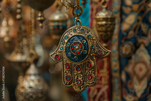 A gold and blue hamsa hand is hanging from a chain