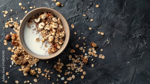 a bowl filled with Greek yogurt topped with granola, positioned centrally on a light background, with additional granola or wheat in the foreground to accentuate its traditional style.