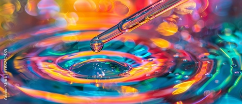A precise pipette dropping a chemical into a colorful liquid creating concentric circles in a lab experiment. photo
