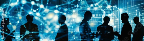 A Silhouettes of business professionals interacting with futuristic data analysis and technology interfaces.