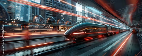 High-speed train in motion at night in a metropolitan city. Urban transportation and city life concept