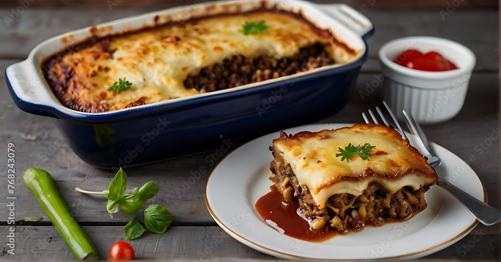 a stunning realistic food photograph featuring a Moussaka, beautifully decorated with intricate details with a focus on exquisite plating and attention to detail (2)