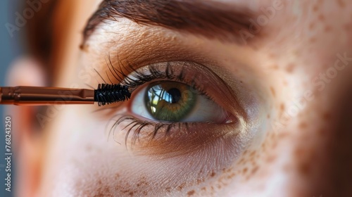 Applying mascara on eyelashes, close-up macro shot. Beauty and makeup concept for design and advertisement