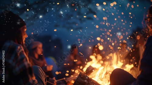 Group of people sitting around campfire at night with sparks flying and starry sky in the background. © ANStudio