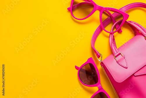 Pink sunglasses and a matching handbag placed on a vibrant yellow background, representing summer accessories and bold fashion statements