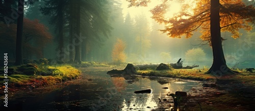 A stream meanders through a dense forest with tall trees, creating a picturesque scene. The forest is filled with greenery, and the stream adds movement and life to the tranquil environment.