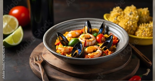 a stunning realistic food photograph featuring a Paella, beautifully decorated with intricate details with a focus on exquisite plating and attention to detail (1)