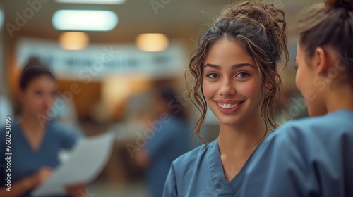 Portrait of a young doctor, nurse in a white medical coat, interior of a medical clinic in the background