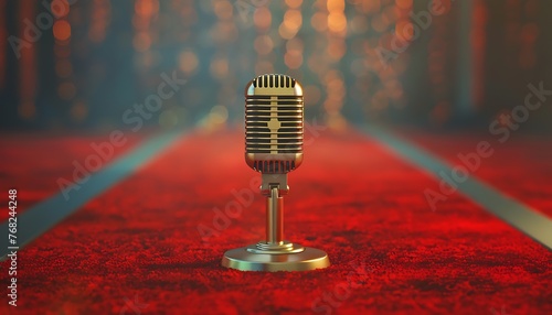 Retro Styled Silver Microphone on Red Carpet with Blurred Background © Maksym