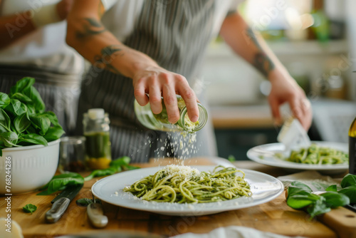 Young happy couple is enjoying and preparing pasta with pesto in their kitchen. Generative AI