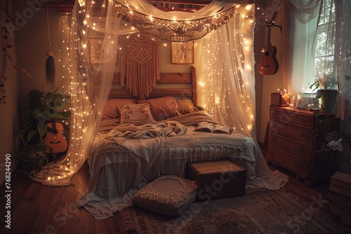 Step into a minimalist loft bedroom furnished with a platform bed, paper lanterns suspended from the ceiling, a bonsai tree adorning a nightstand, and a laptop serenading with lo-fi music