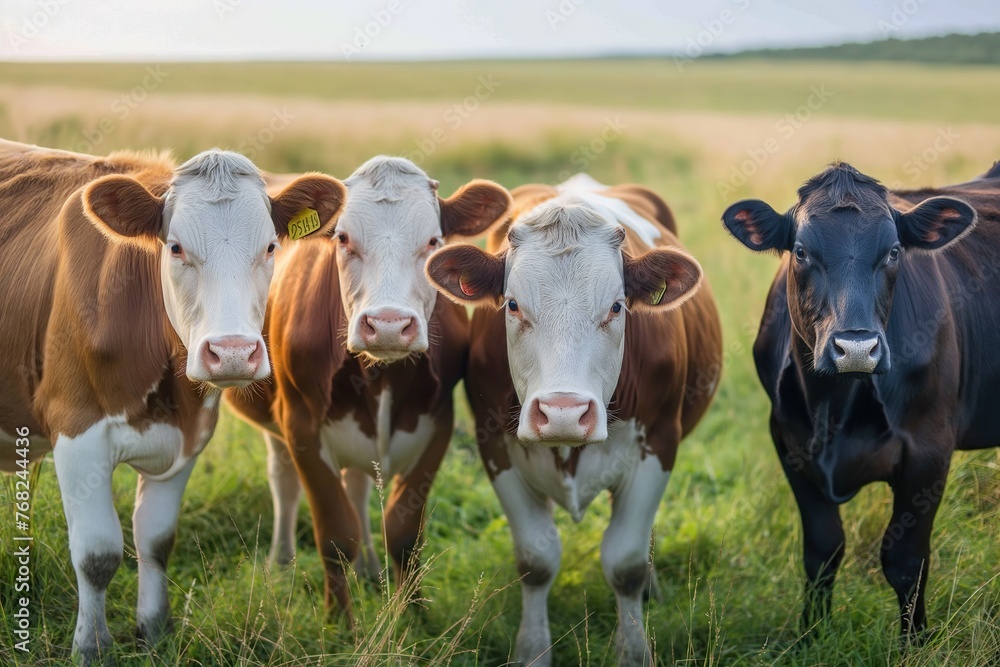 A herd of cows standing on top of a lush green field. A herd of cows standing on top of a lush green field.