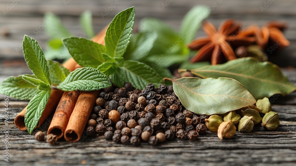 Fototapeta premium Spices on a wooden background, close-up. Bay leaf, black pepper peas and cardamom. Seasonings and herbs of world cuisines