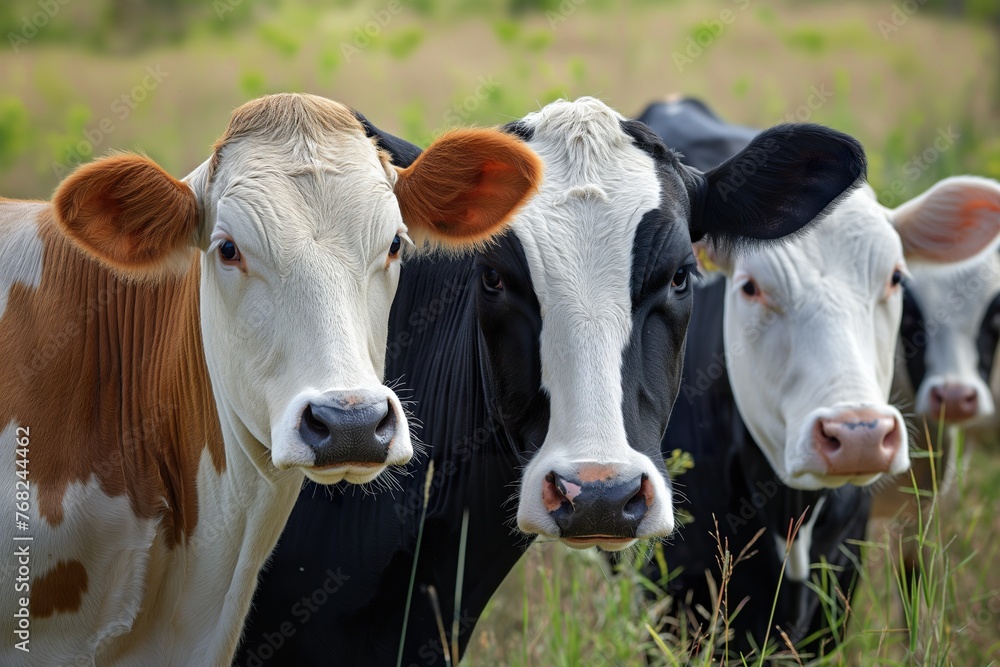 A herd of cows standing on top of a grass-covered field.