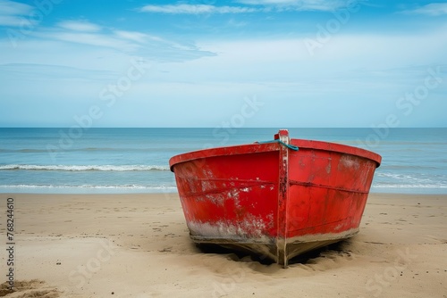 A newly painted red boat is stranded on a sandy beach.