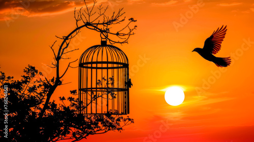 Freedom at sunset: bird escaping cage against vibrant sky