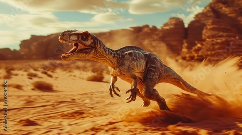 Illustration Dinosaur beasts run in the barren desert. AI generated image © orendesain99