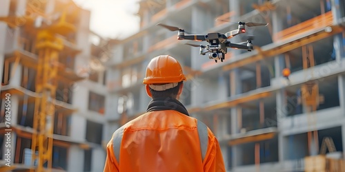 Engineer uses drone for surveying construction site enhancing efficiency and accuracy in civil engineering projects. Concept Construction, Civil Engineering, Drones, Surveying, Efficiency