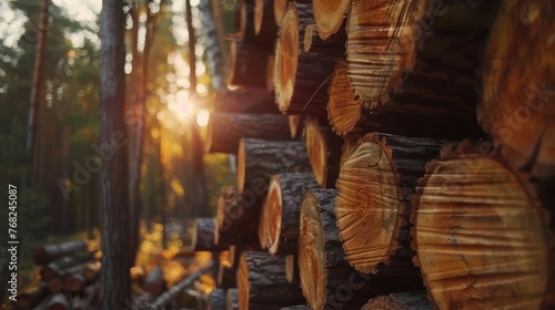 Pile of cut wood in the forest ready to be transported. AI generated image