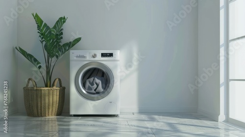 The concept of a modern washing machine in a minimalist room interior design. AI generated image