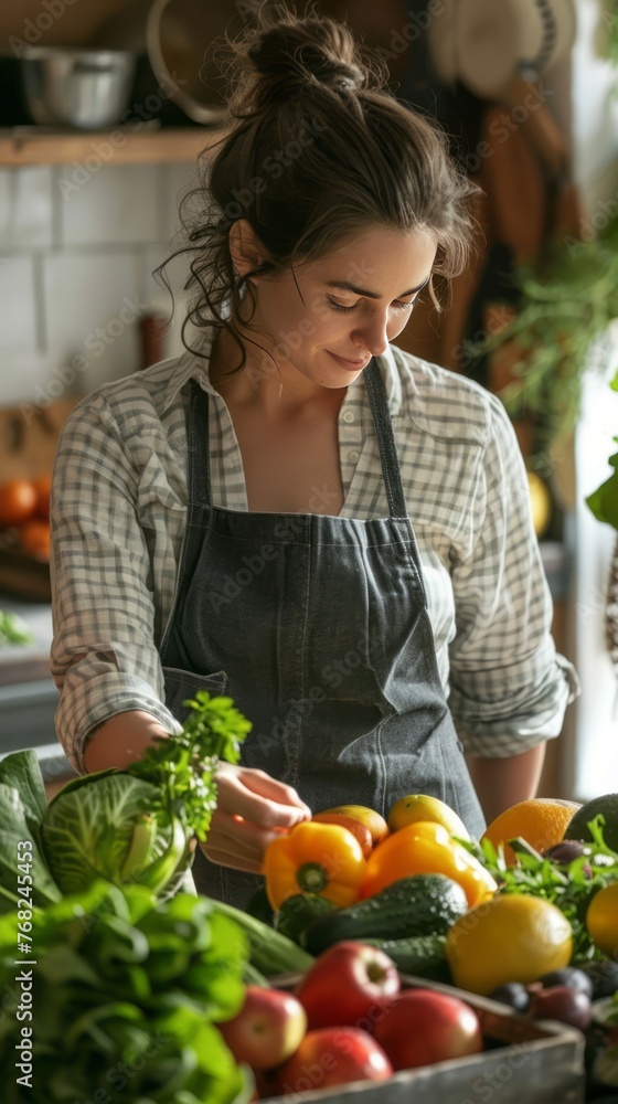 Woman with Apron in Kitchen Unpacking Freshly Bought Organic Fruit and Vegetables