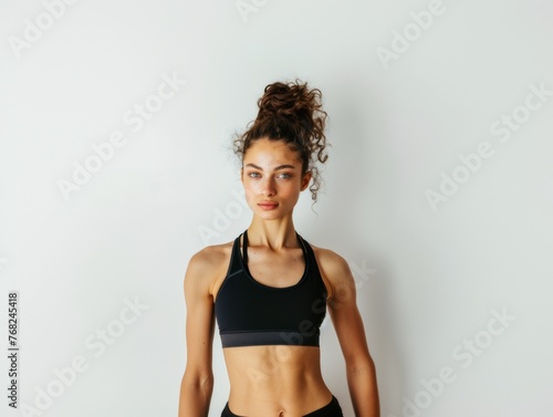 Attractive woman with a fashionable hairstyle in stylish sportswear. Fashion and beauty, active lifestyle and sports.