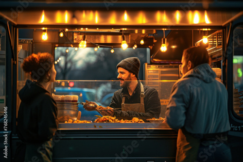 Night time street food scene with a man and customers at food truck at night