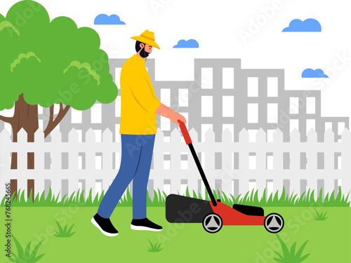 Lawn mower cutting green grass in park. Worker vector illustration.