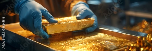 Shiny gold bar held by a hand in blue protective glove on a golden background with reflection photo