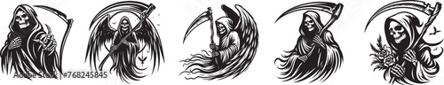 Hand-Drawn Black and White Grim Reaper Series vector graphics