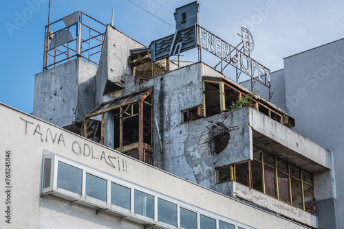 Building destroyed during war on Brace Fejica pedestrian street in Mostar, Bosnia and Herzegovina