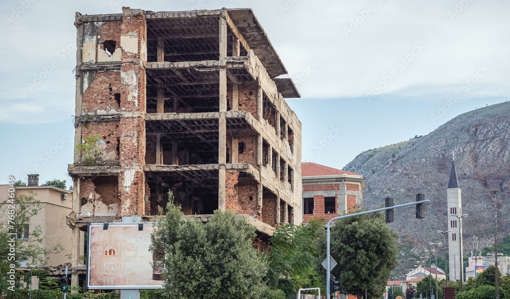 Fototapeta premium Building destroyed during Bosnian War in Mostar, Bosnia and Herzegovina