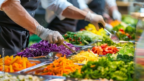 Chefs in uniform serving various fresh vegetables at a buffet. Professional food catering and healthy eating concept