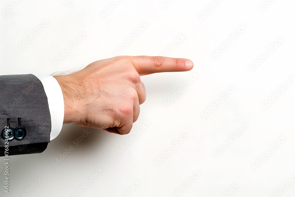 Confident businessman pointing in stylish suit on blank white background, copy space available. Confident businessman pointing in stylish suit on blank white background, copy space available.