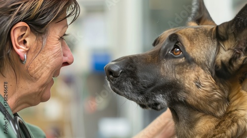 Woman Veterinarian Patting a Cute Big Dog